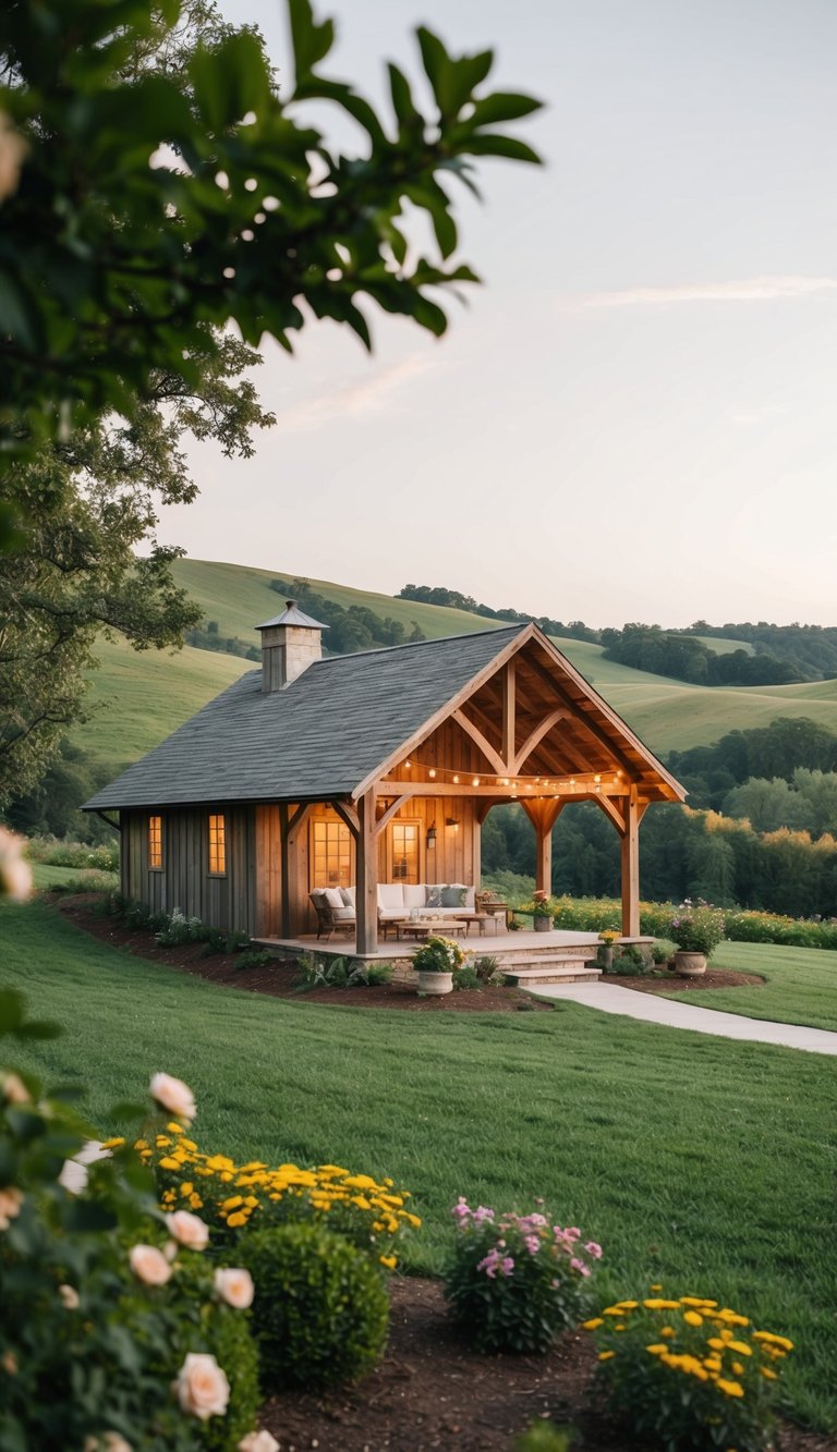 A rustic farmhouse pavilion nestled among rolling hills, surrounded by lush greenery and blooming flowers, with a cozy seating area and charming string lights