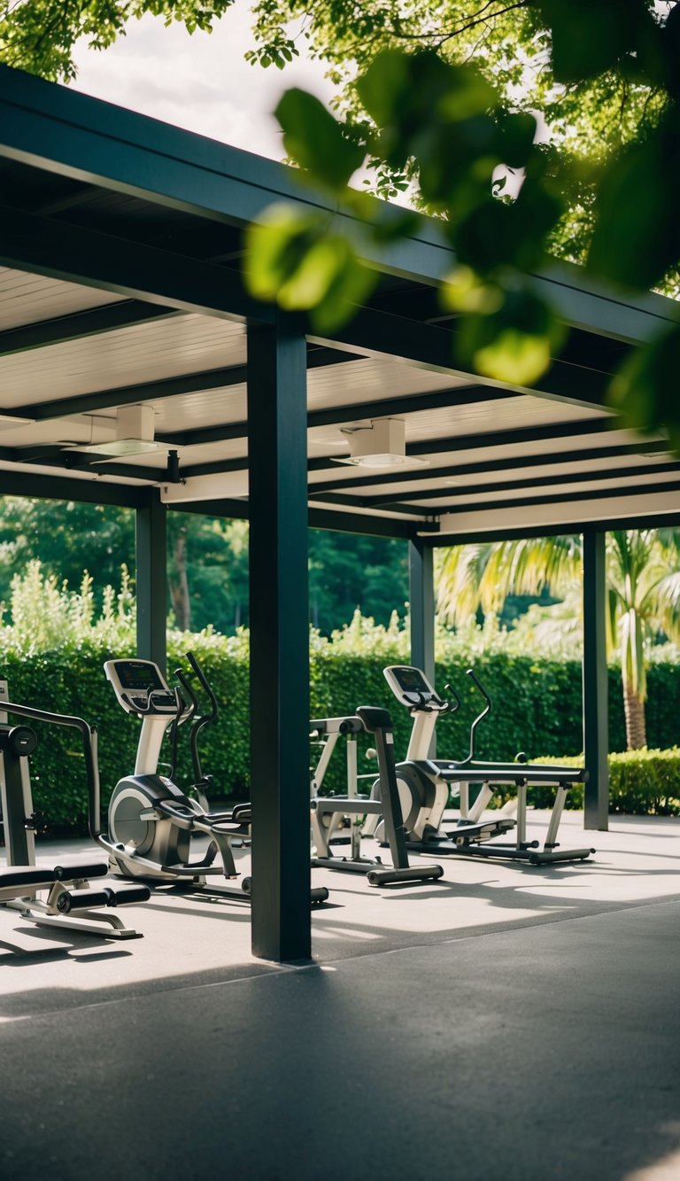 An open-air gym pavilion with modern equipment surrounded by lush greenery and natural light