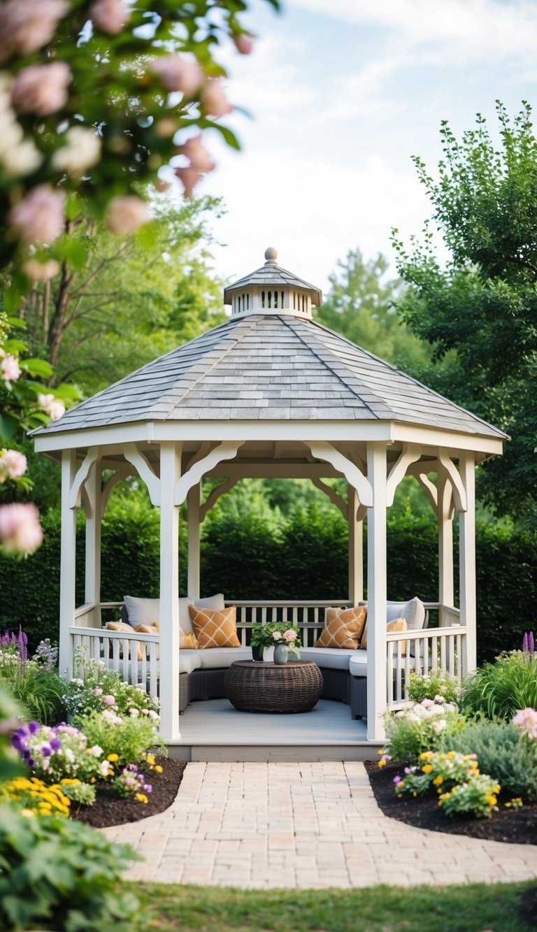 A farmhouse-style gazebo surrounded by blooming flowers and lush greenery, with a cozy seating area and a charming rustic design