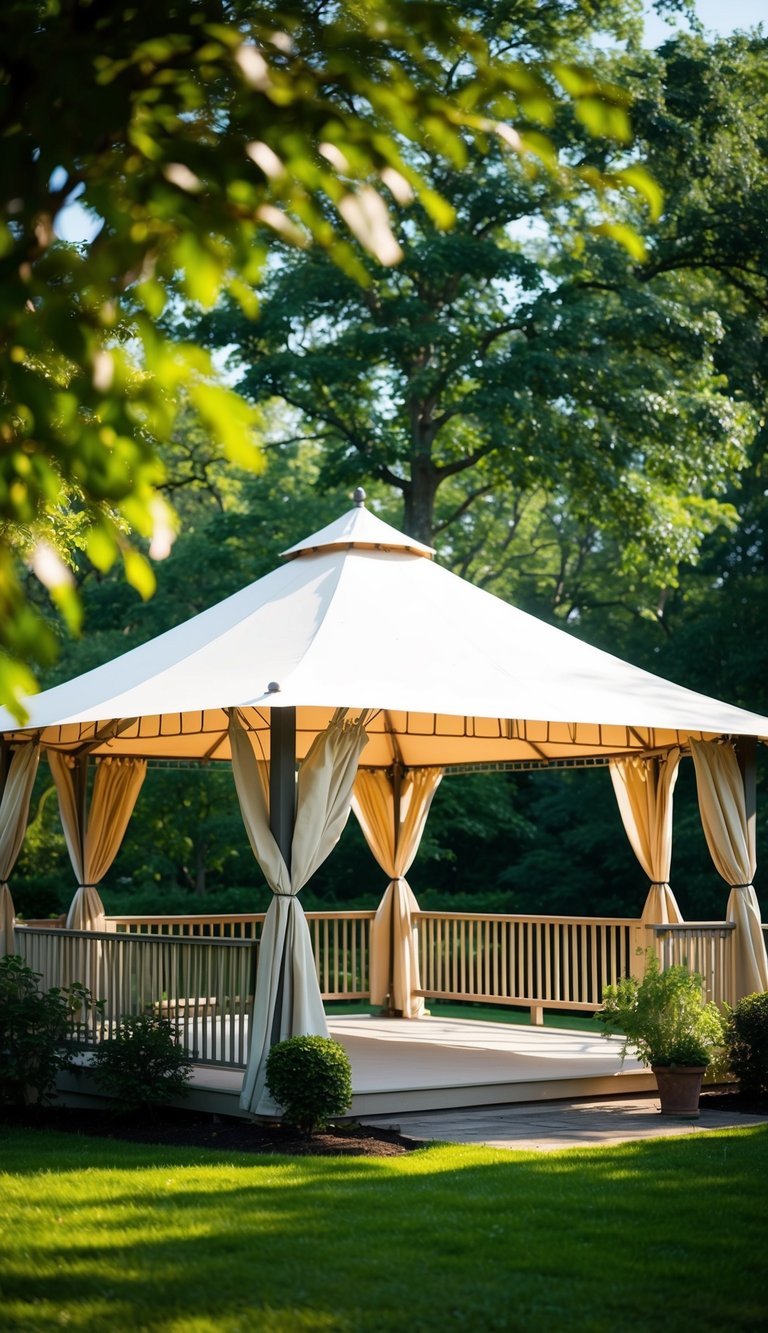 A sailcloth roof covers a spacious outdoor gazebo, billowing gently in the breeze, surrounded by lush greenery and dappled sunlight