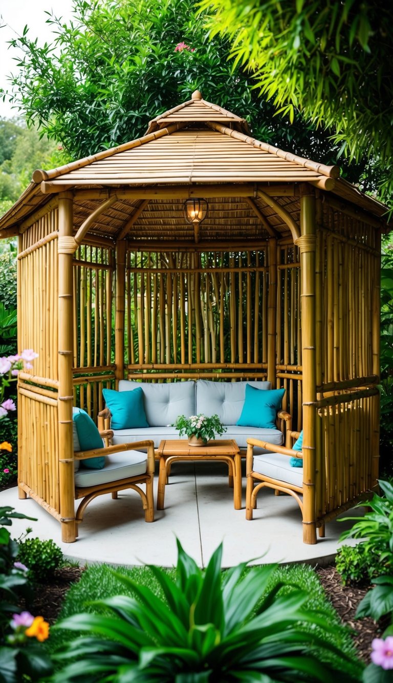 A bamboo outdoor gazebo surrounded by lush greenery and blooming flowers, with eco-friendly furniture and soft lighting creating a serene and sustainable atmosphere