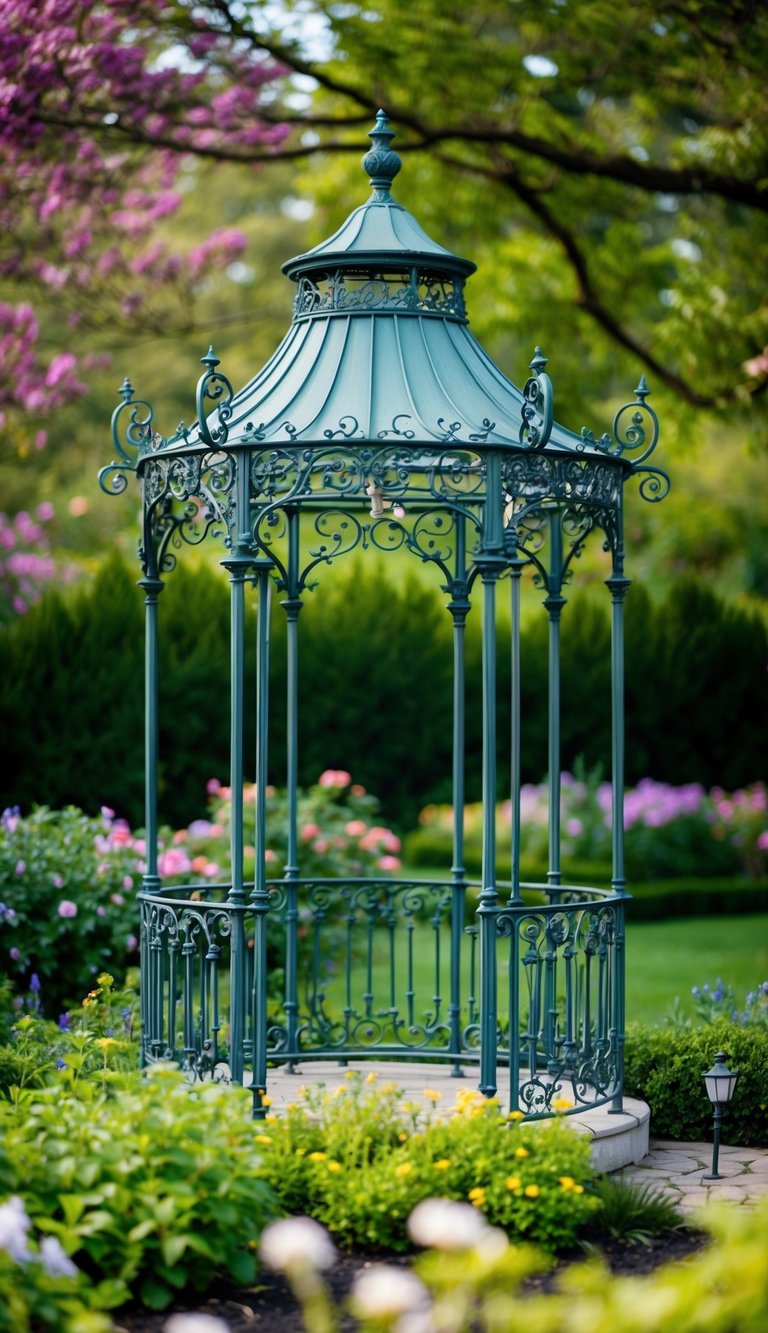 An ornate iron gazebo stands in a lush garden, adorned with intricate scrollwork and decorative details, surrounded by blooming flowers and greenery
