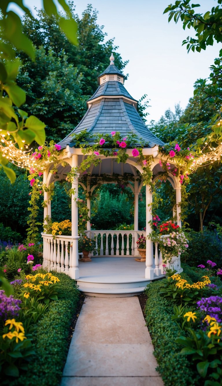 A whimsical garden gazebo adorned with colorful flowers and vines, surrounded by lush greenery and twinkling lights