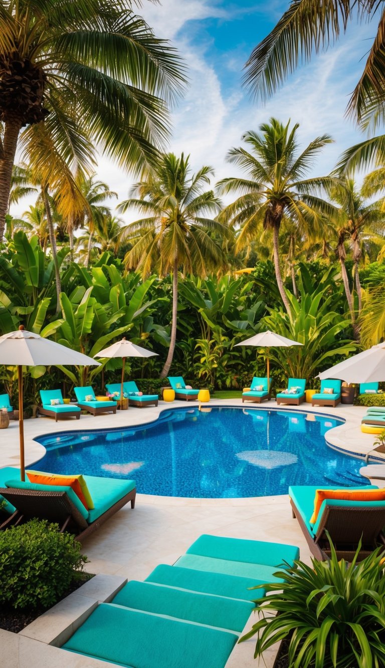 A tropical oasis with palm trees, lounge chairs, umbrellas, and colorful cushions surrounding a sparkling pool