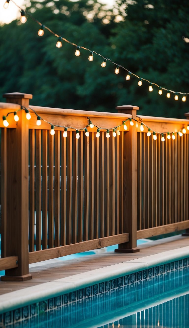 String lights are draped along the wooden railing of a pool deck, casting a warm and inviting glow over the outdoor space