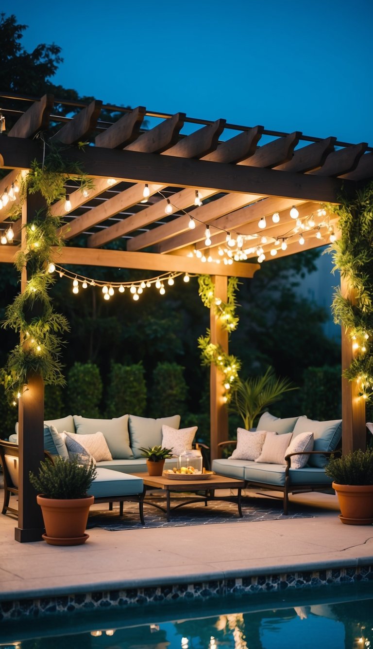 A poolside pergola adorned with string lights, potted plants, and comfortable seating, creating a cozy and inviting space for relaxation and entertainment