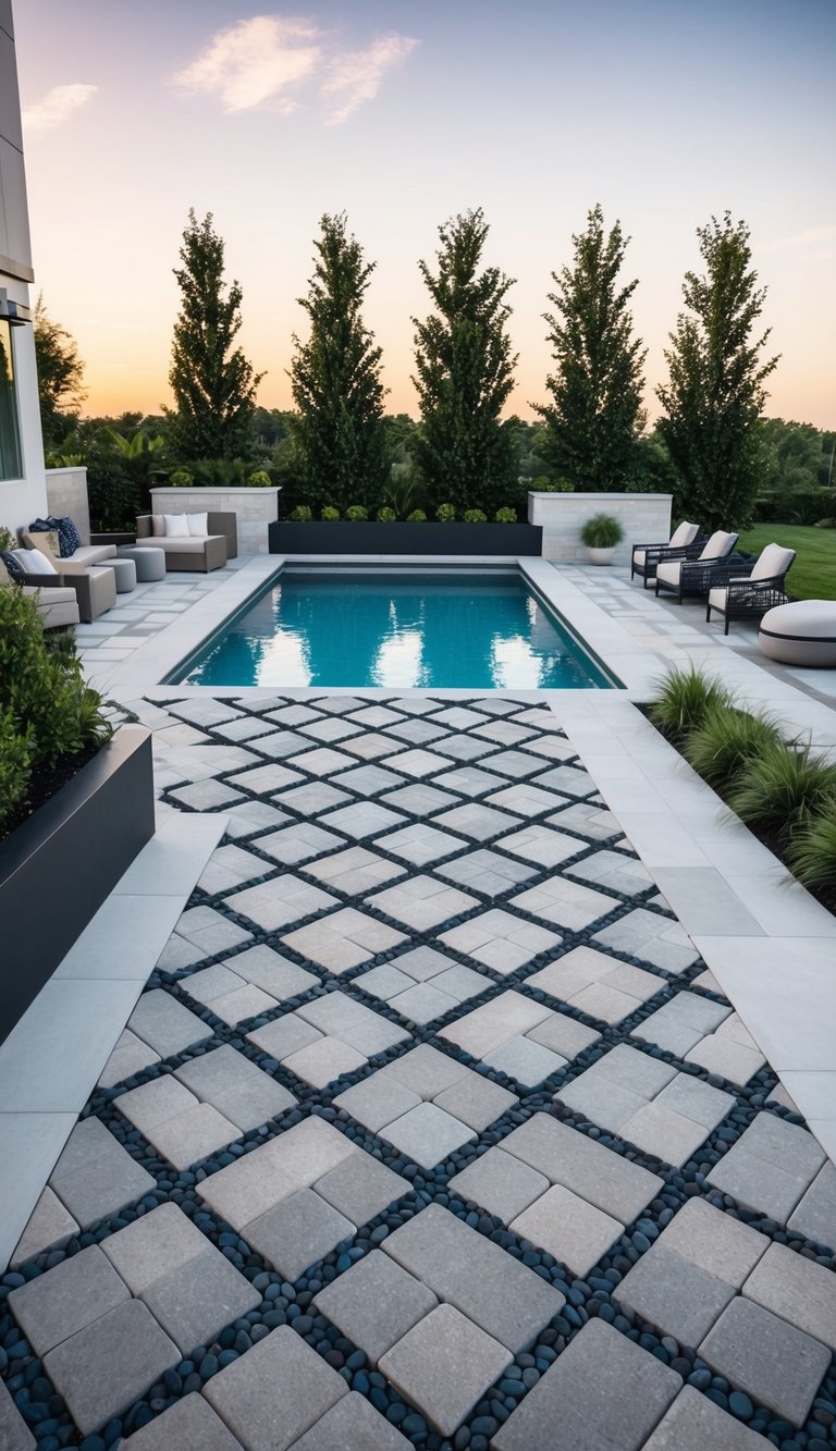 A modern pool deck with geometric pavers arranged in a sleek and stylish pattern, surrounded by contemporary outdoor furniture and lush landscaping