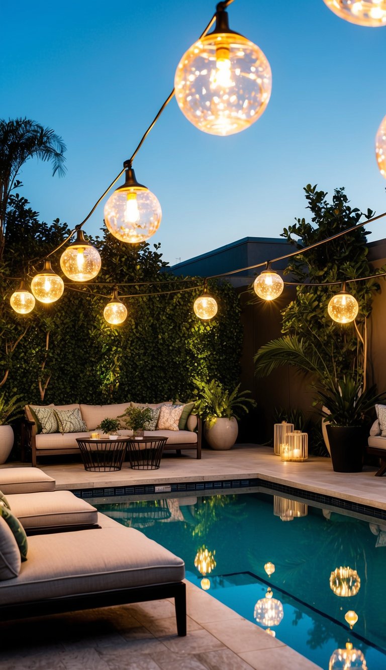 Solar globe lights illuminate a stylish pool deck with cozy seating, lush greenery, and modern decor