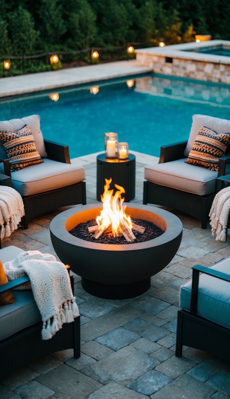 A fire pit surrounded by comfortable seating on a pool deck, with soft lighting and cozy blankets for chilly nights