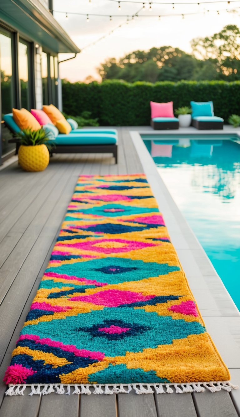 A pool deck with vibrant, colorful outdoor rugs adding a pop of color and style to the space