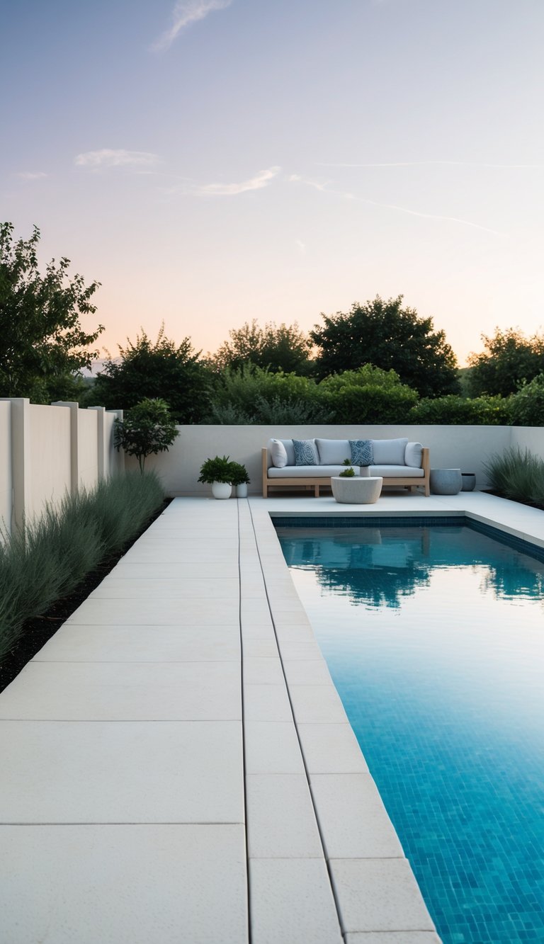 A serene pool deck with clean lines, minimal furniture, and simple landscaping, creating a peaceful and Zen-like atmosphere