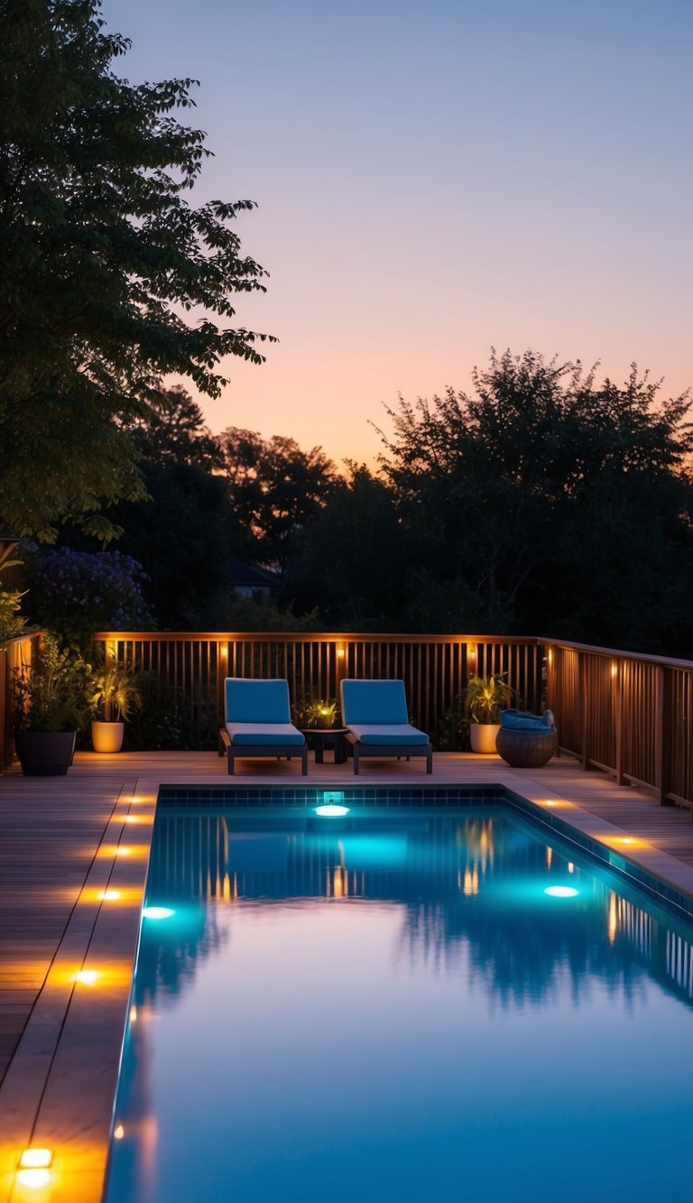 Vibrant LED deck lights illuminate a tranquil evening swim, casting a warm glow across the pool deck and creating a relaxing atmosphere