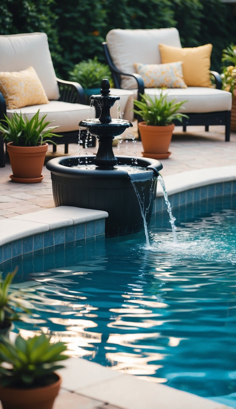 A serene pool deck with a water fountain feature surrounded by potted plants and comfortable seating. The sound of trickling water creates a relaxing atmosphere