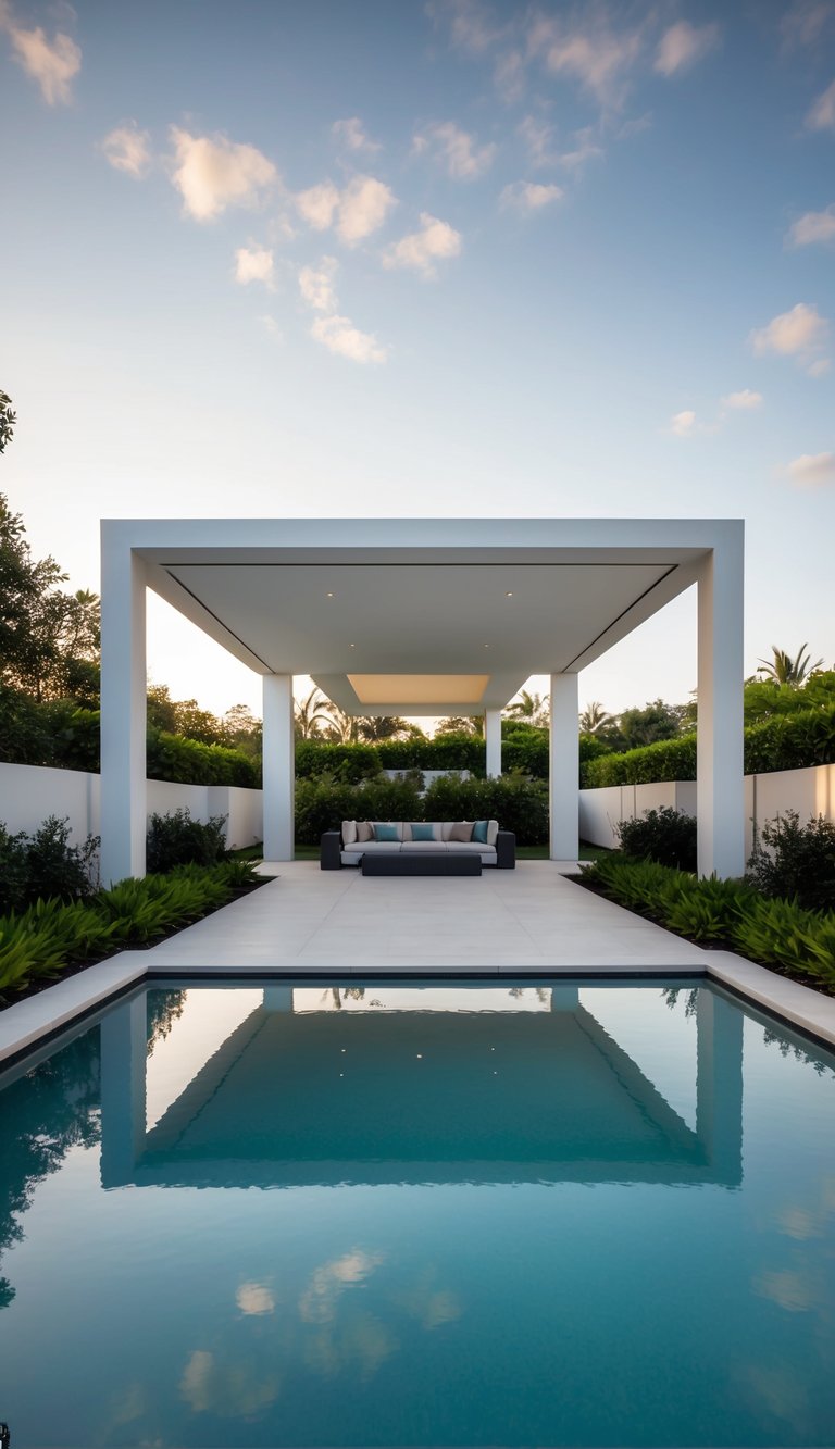 A sleek, open-air pavilion with clean lines and minimalistic design, surrounded by a tranquil pool and lush landscaping