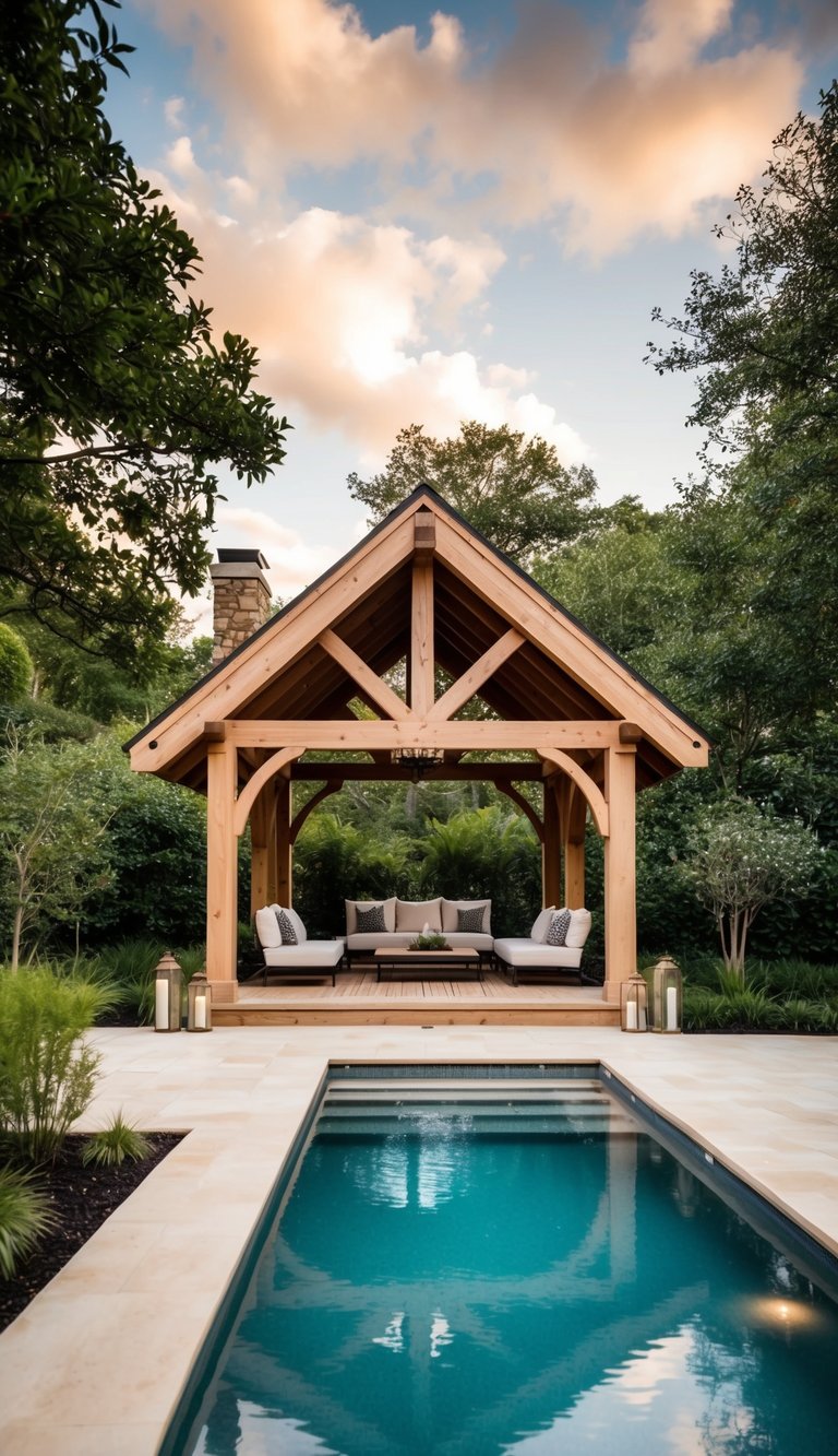 A timber frame pool pavilion nestled in a rustic setting, surrounded by lush greenery and featuring a spacious open-air design with natural wood elements