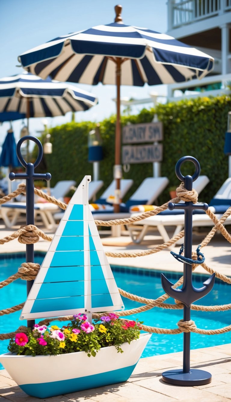 A pool deck adorned with nautical accessories: striped umbrellas, anchor-shaped lanterns, rope-wrapped railings, and a weathered wooden sign. A sailboat-shaped planter filled with vibrant flowers adds a pop of color