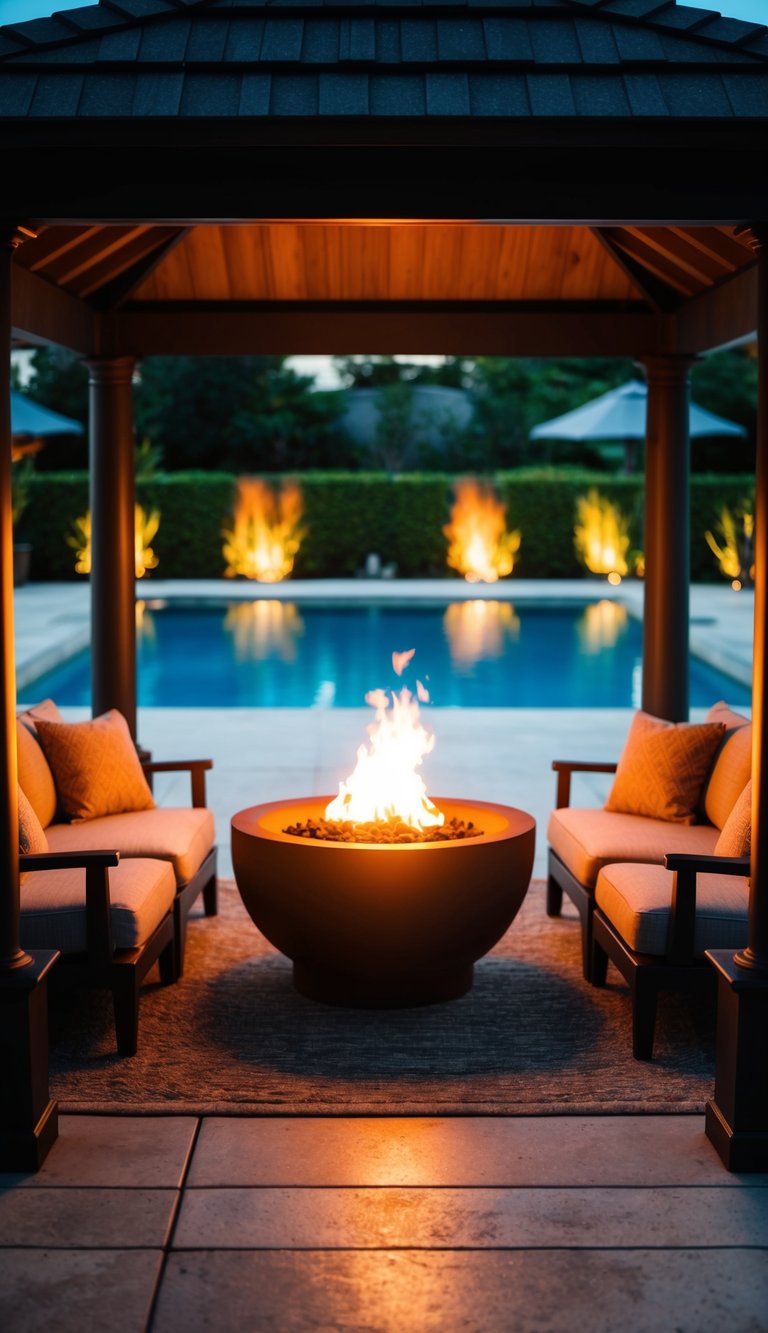 A warm fire pit glows in a cozy pavilion surrounded by comfortable seating, with a view of a tranquil pool