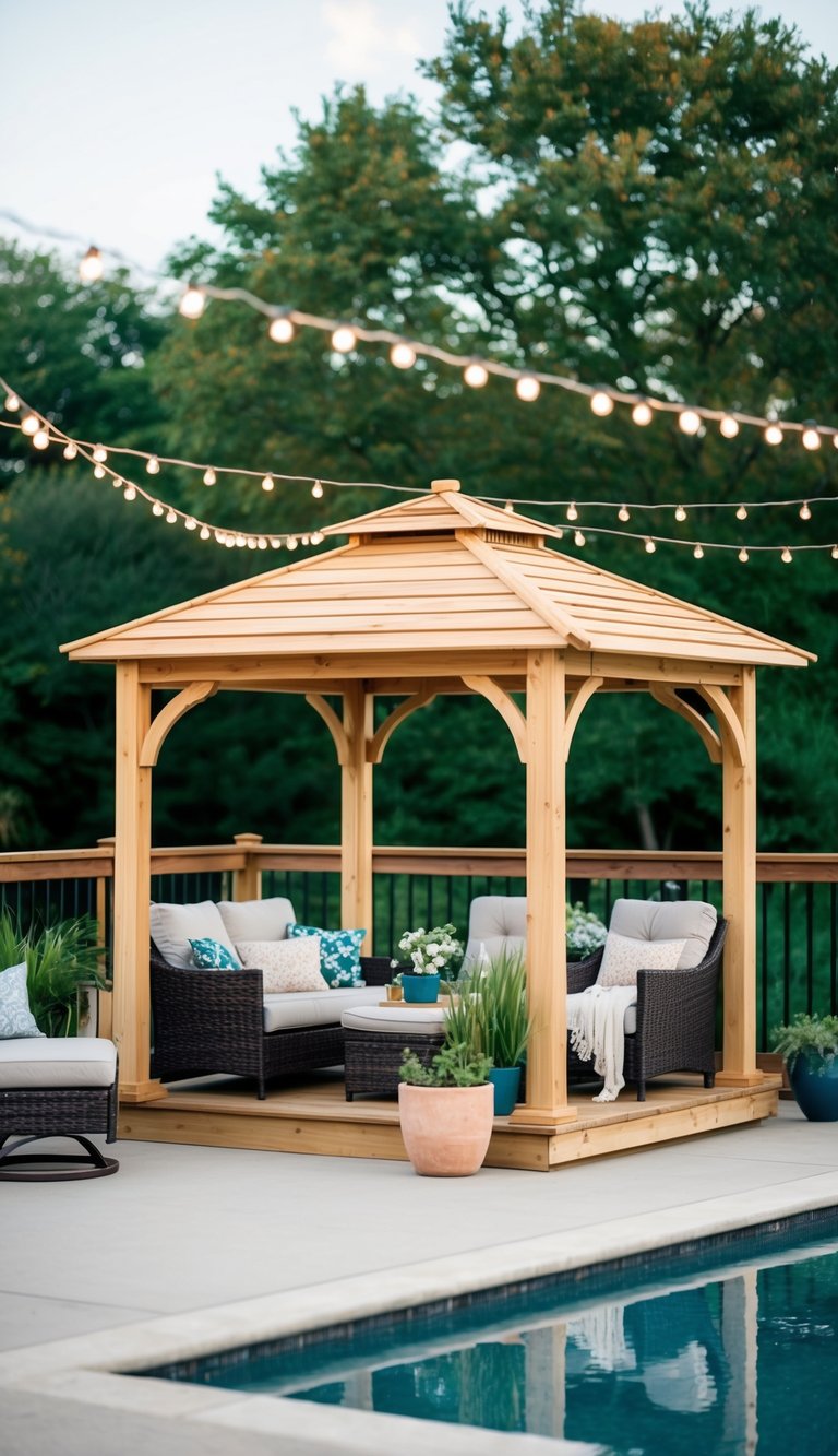 A wooden gazebo is being installed on a pool deck, surrounded by various decorative elements such as potted plants, string lights, and comfortable outdoor furniture