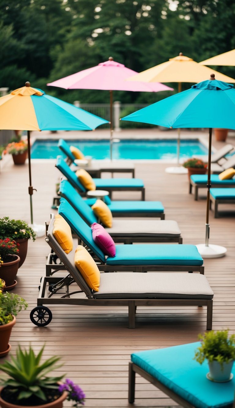 Reclining poolside loungers arranged on a deck, surrounded by potted plants and colorful umbrellas, with a sparkling pool in the background
