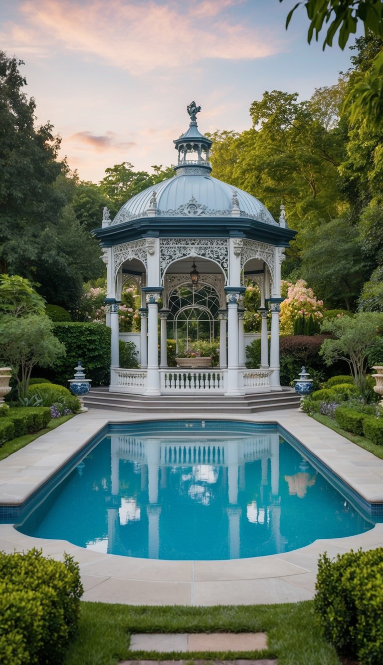 A grand Victorian-style pool pavilion nestled amidst lush gardens and adorned with intricate wrought iron details and ornate architectural features