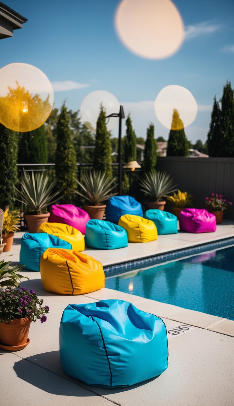 Colorful weatherproof bean bags arranged around a pool deck, surrounded by potted plants and outdoor lighting