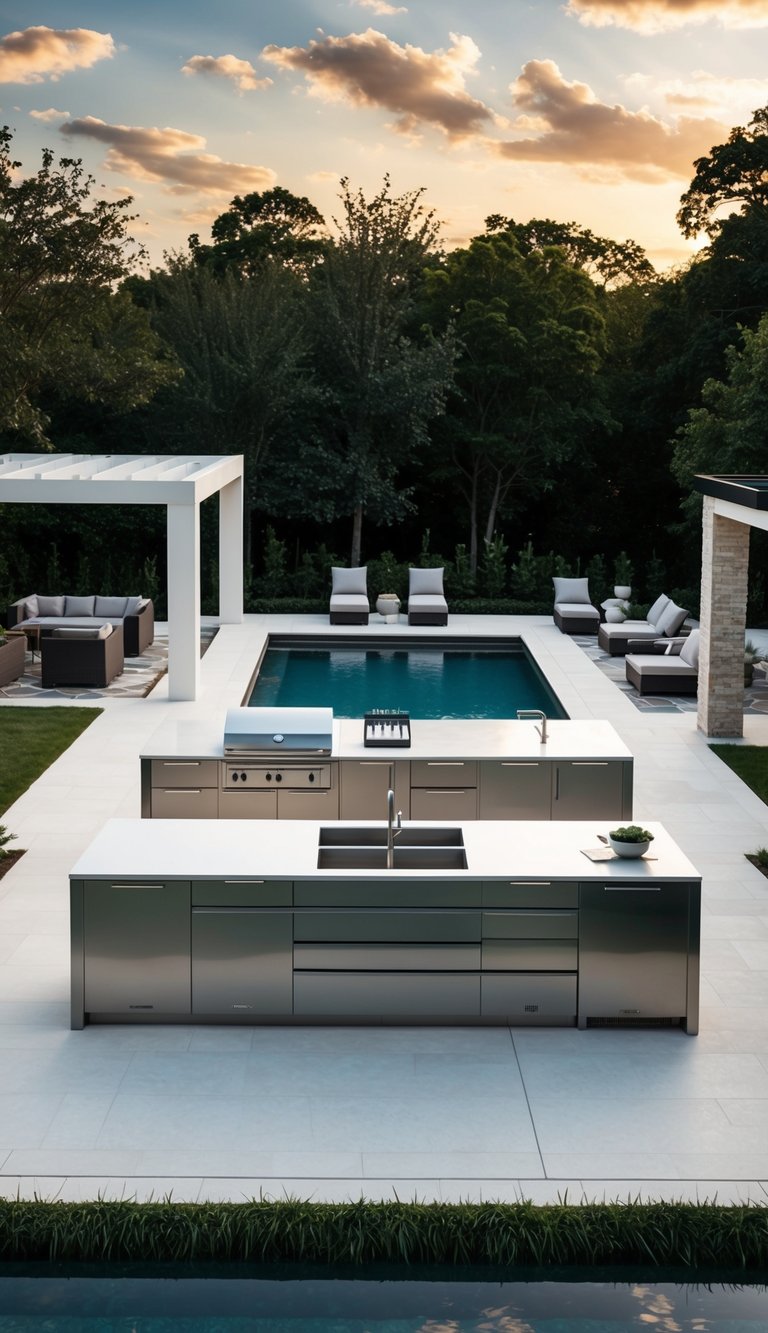 A spacious outdoor kitchen with a sleek design, surrounded by a pool and a pavilion with modern and luxurious features