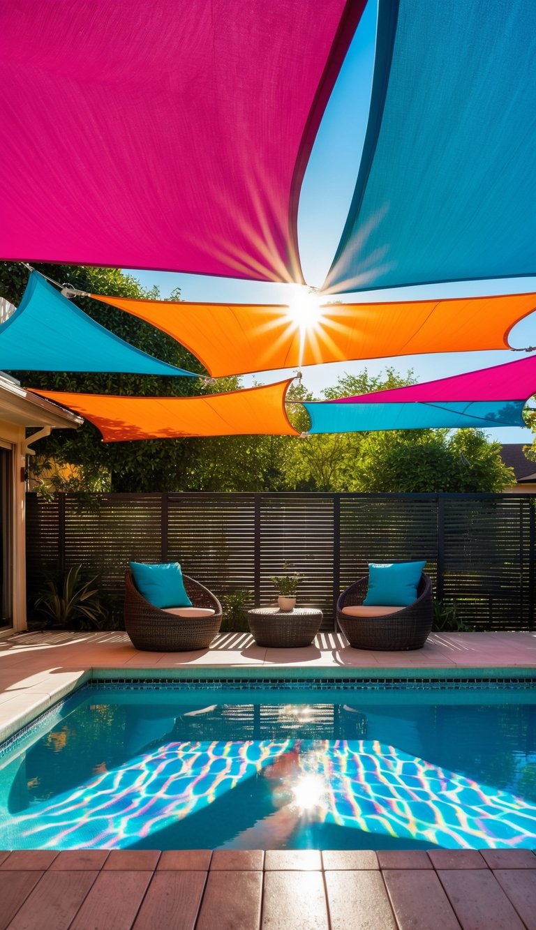 Vibrant shade sails hang above a stylish pool deck, casting colorful patterns of light and shadow on the sun-soaked surface