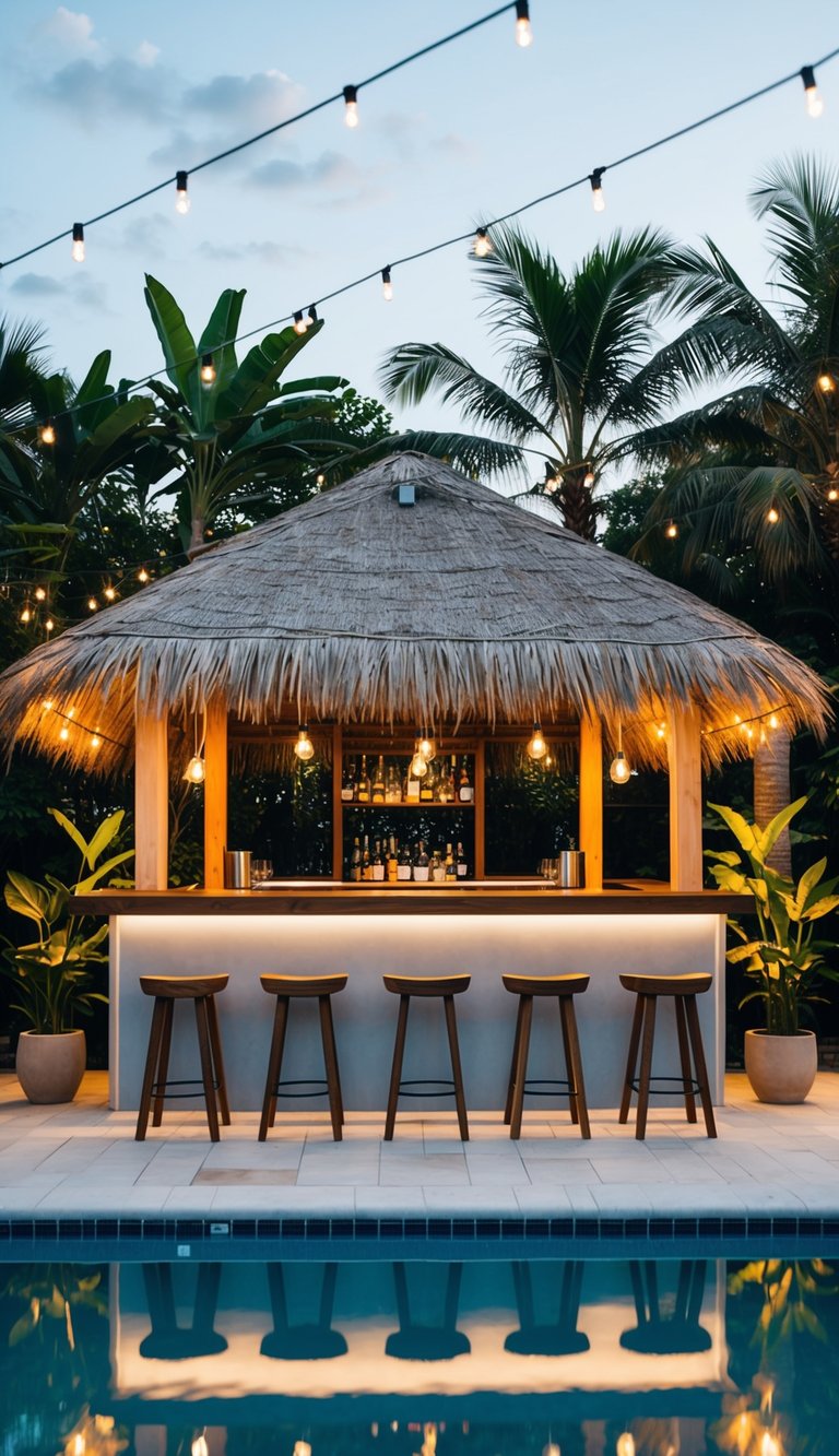 A poolside bar with a thatched roof and wooden stools, surrounded by tropical plants and string lights, creating a relaxed and inviting atmosphere for entertaining