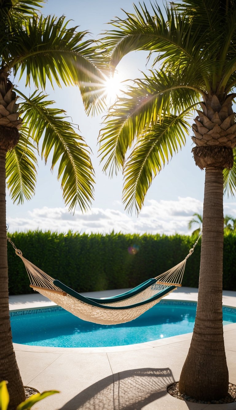 A hammock hangs between two palm trees in a tranquil poolside pavilion. The sun shines through the leaves, casting dappled shadows on the ground