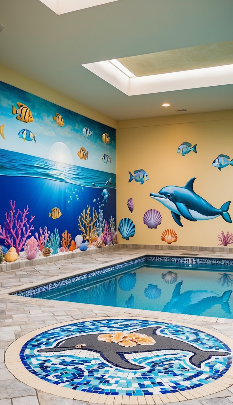 A pool deck adorned with sea-themed art: colorful fish, coral, and seashells painted on the walls. A large mural of a serene ocean scene covers one wall, while a mosaic of a playful dolphin adorns the floor