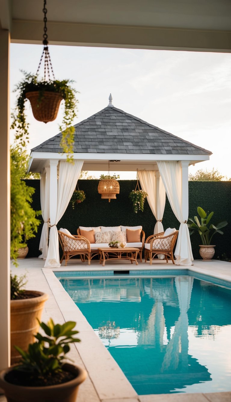 A poolside pavilion with vintage chic design, featuring rattan furniture, hanging plants, and soft lighting