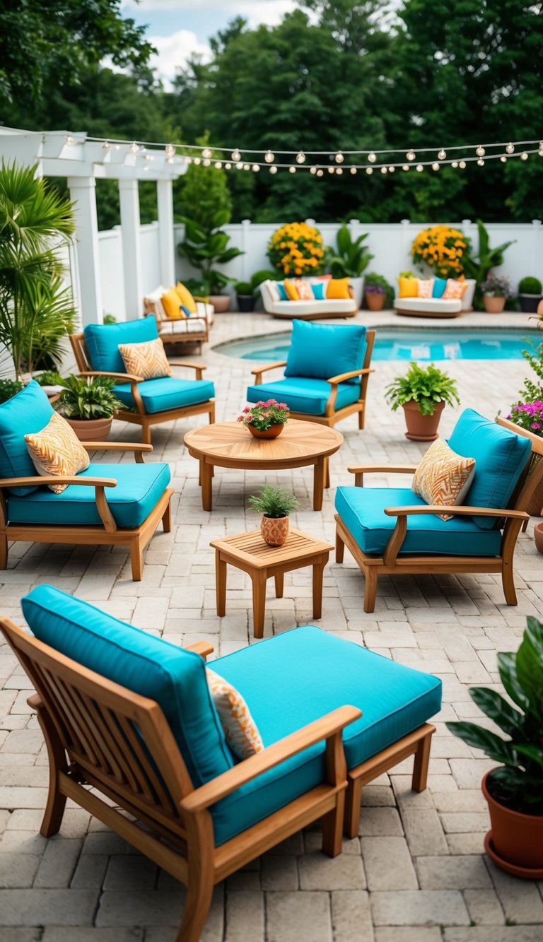 A pool deck adorned with durable teak furniture in various arrangements, surrounded by potted plants and colorful outdoor decor