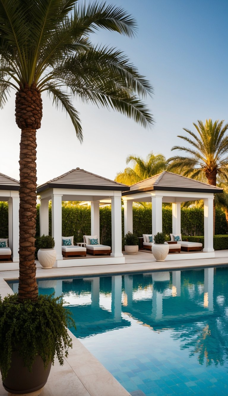 A palm-lined poolside oasis with luxurious pavilions and Mediterranean-inspired decor