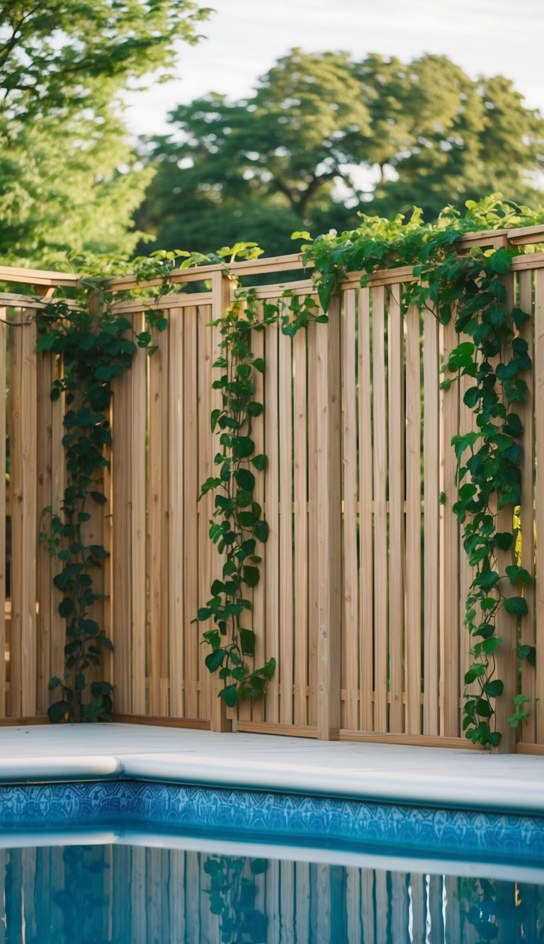 A wooden privacy fence surrounds a pool deck, adorned with lush climbing vines intertwining with the slats