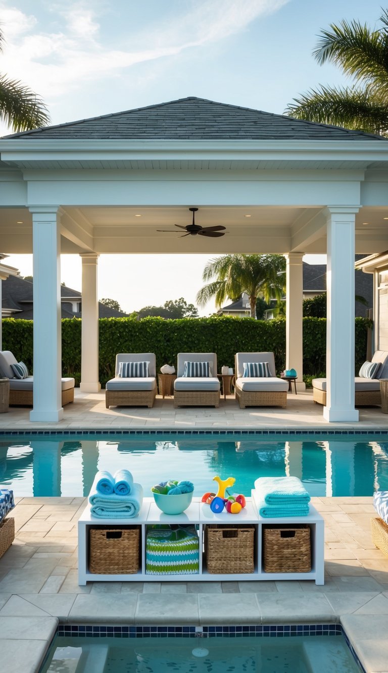 A spacious pool pavilion with 24 unique storage ideas for towels, pool toys, and other accessories neatly organized and easily accessible