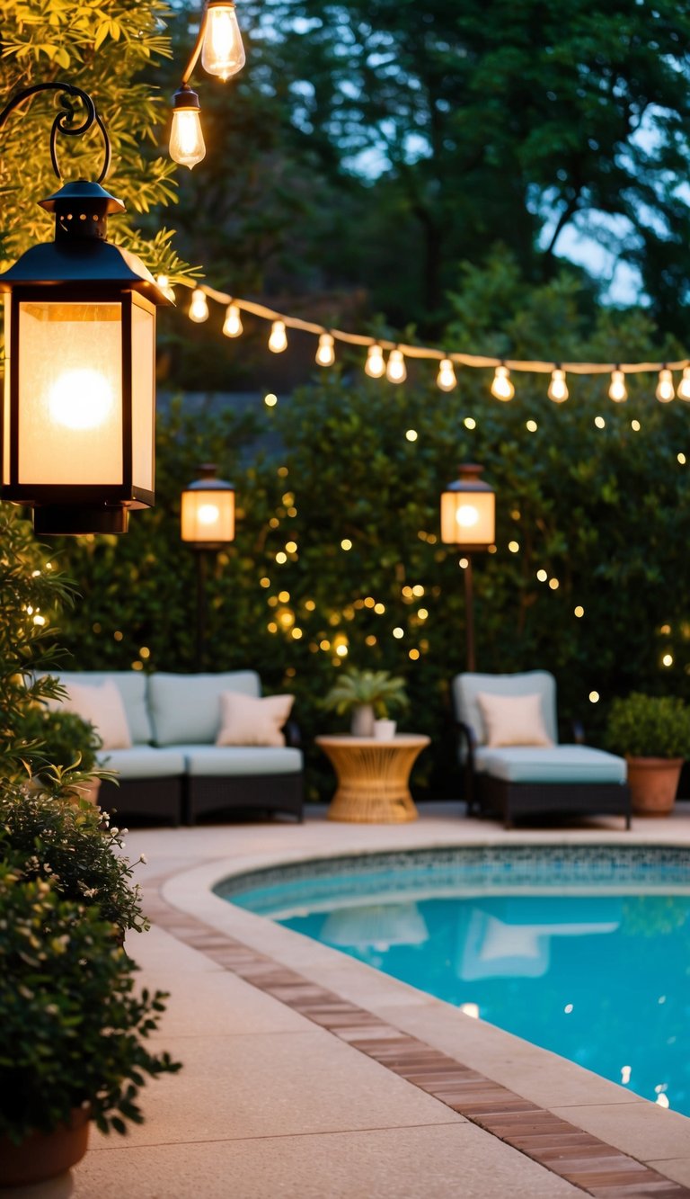 Vintage lanterns illuminate a pool deck, casting a warm glow over cozy seating areas and lush greenery