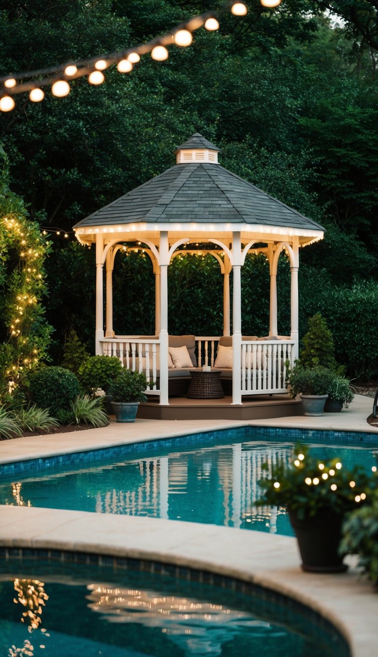 A cozy gazebo by a shimmering pool, surrounded by lush greenery and adorned with twinkling lights