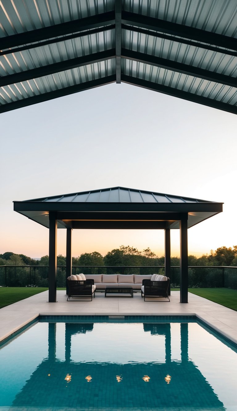A modern pool pavilion with a sleek metal roof structure and minimalist design