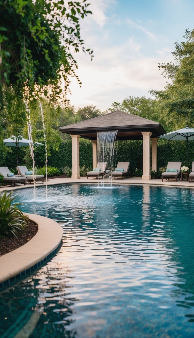 A serene pool pavilion with lush greenery, cascading water features, and comfortable lounge chairs for a spa-inspired retreat