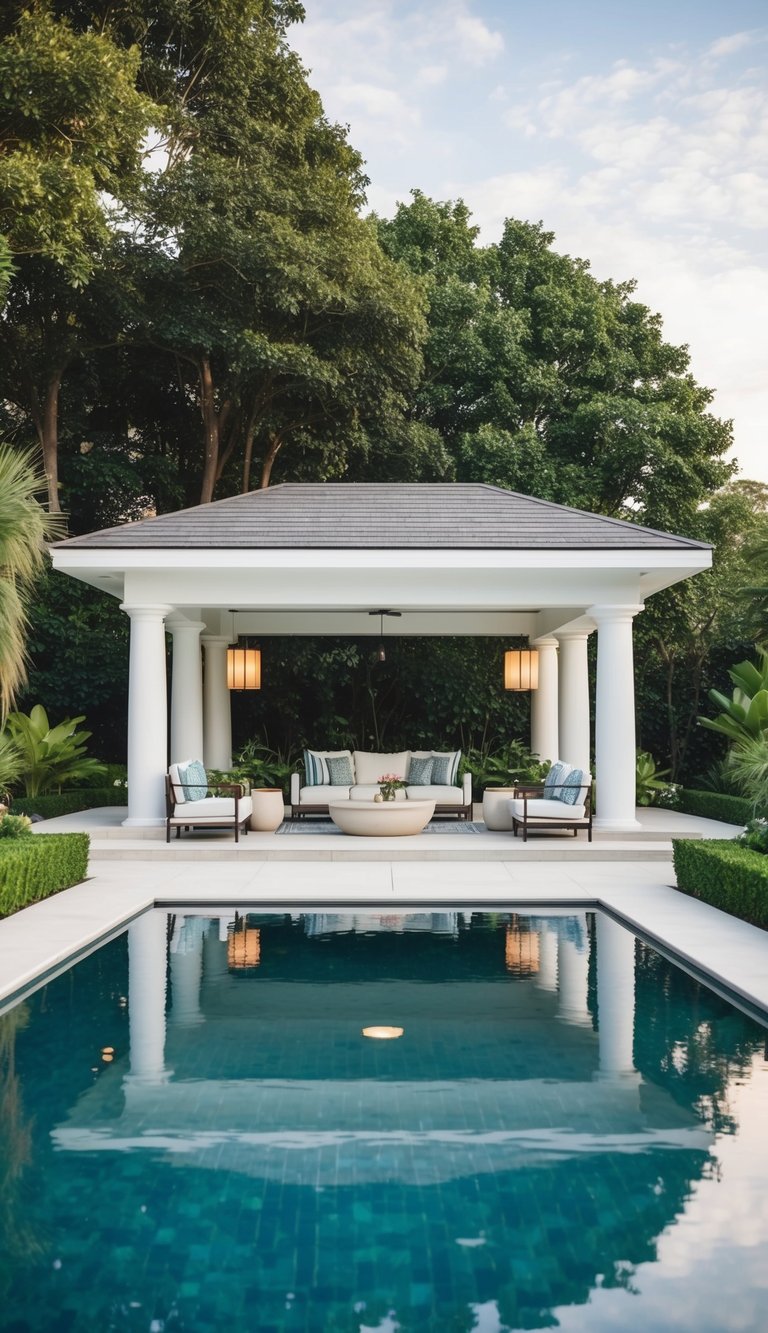 A spacious, modern poolside pavilion with elegant furnishings, lush greenery, and a tranquil atmosphere