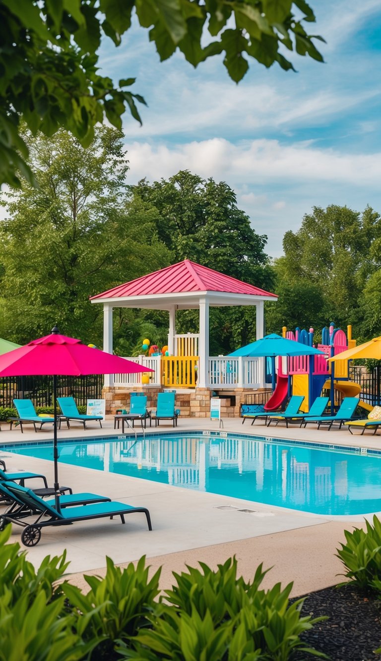 A vibrant poolside pavilion with colorful umbrellas, lounge chairs, and a play area for children surrounded by lush greenery and family-friendly amenities