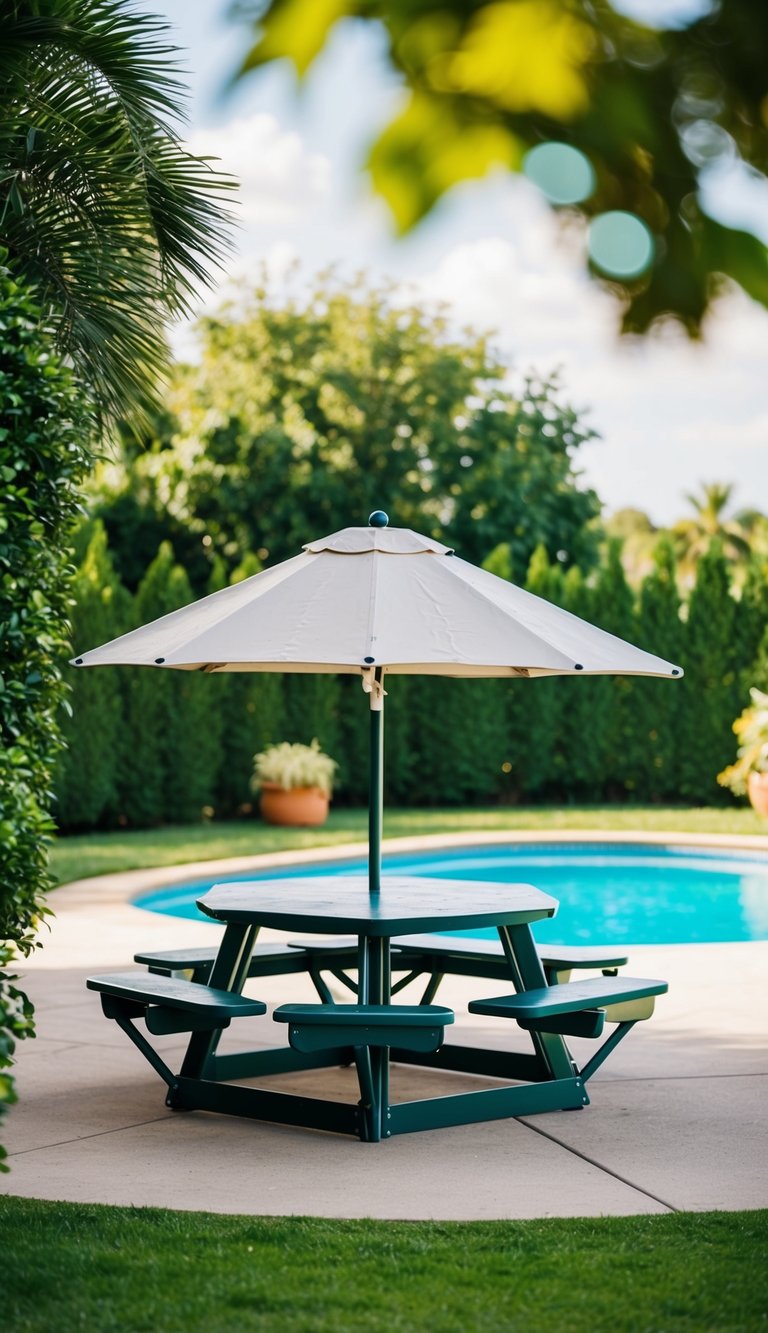 A picnic table pavilion surrounded by lush greenery, with a sparkling pool in the background