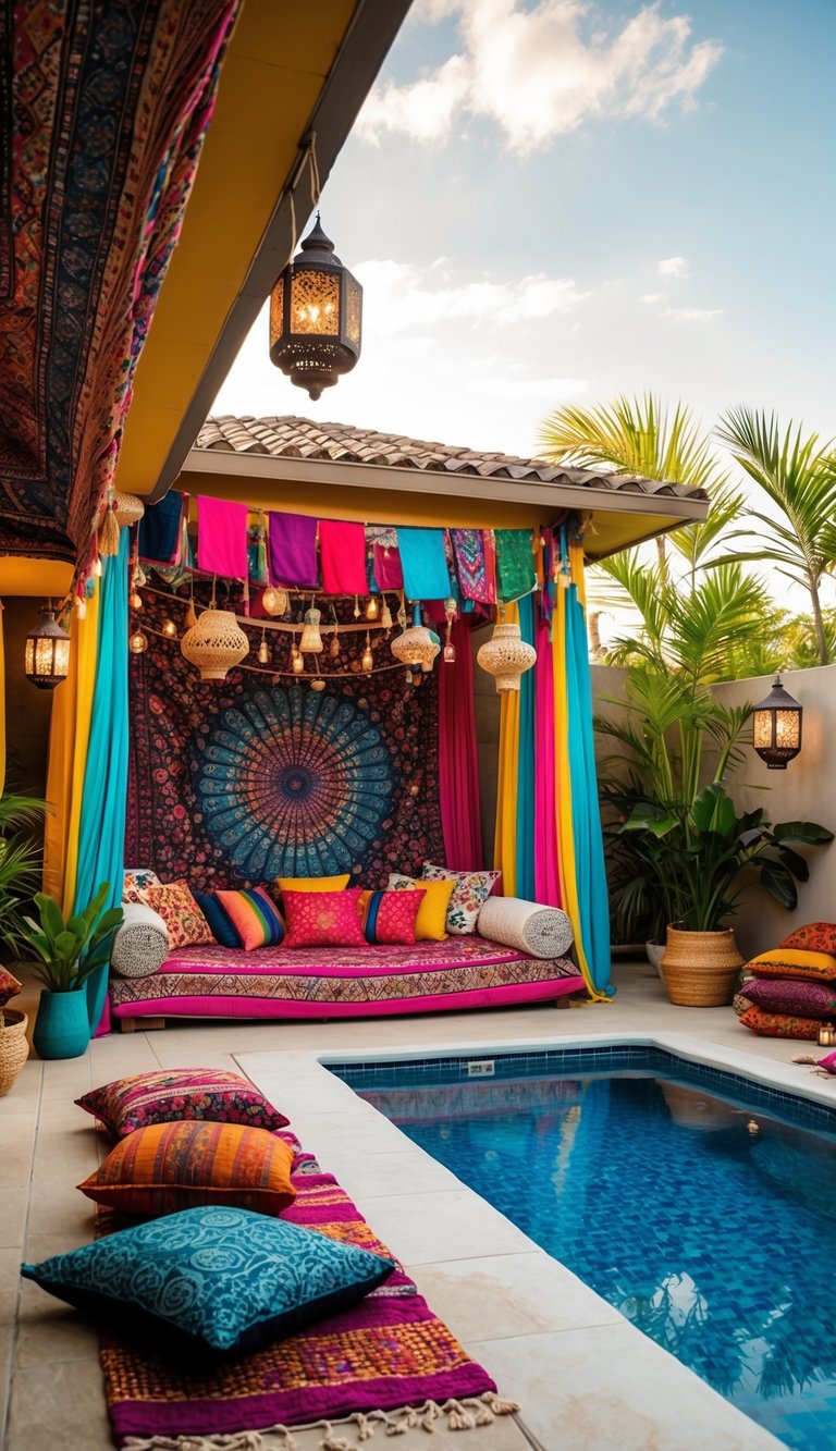 A vibrant poolside pavilion with colorful tapestries, hanging lanterns, and cozy floor cushions. A mix of patterns and textures creates a bohemian oasis