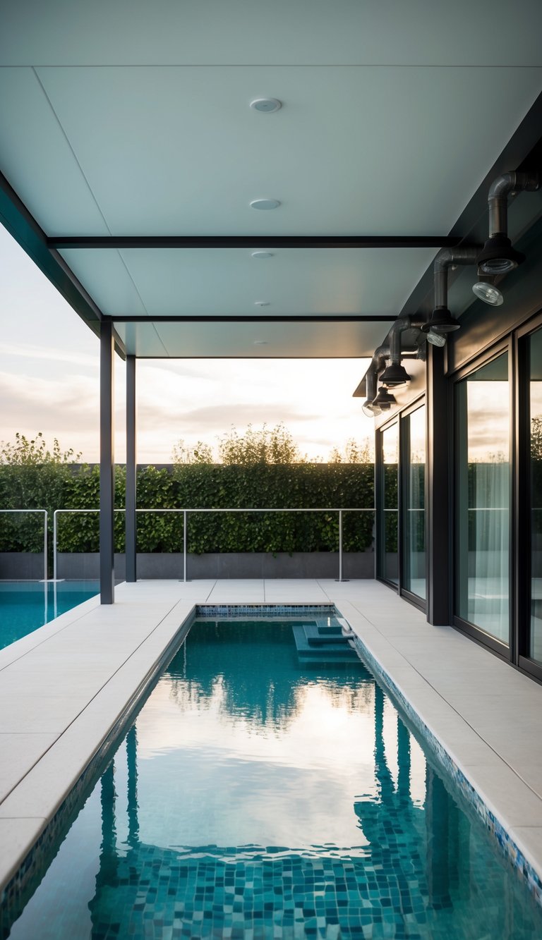 A sleek, modern pool pavilion with industrial design elements, featuring clean lines, metal accents, and large windows for natural light