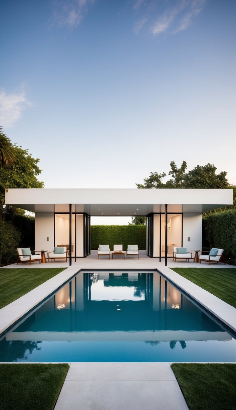 A sleek, minimalist pool pavilion with clean lines, a flat roof, and large windows, surrounded by lush landscaping and mid-century modern furniture