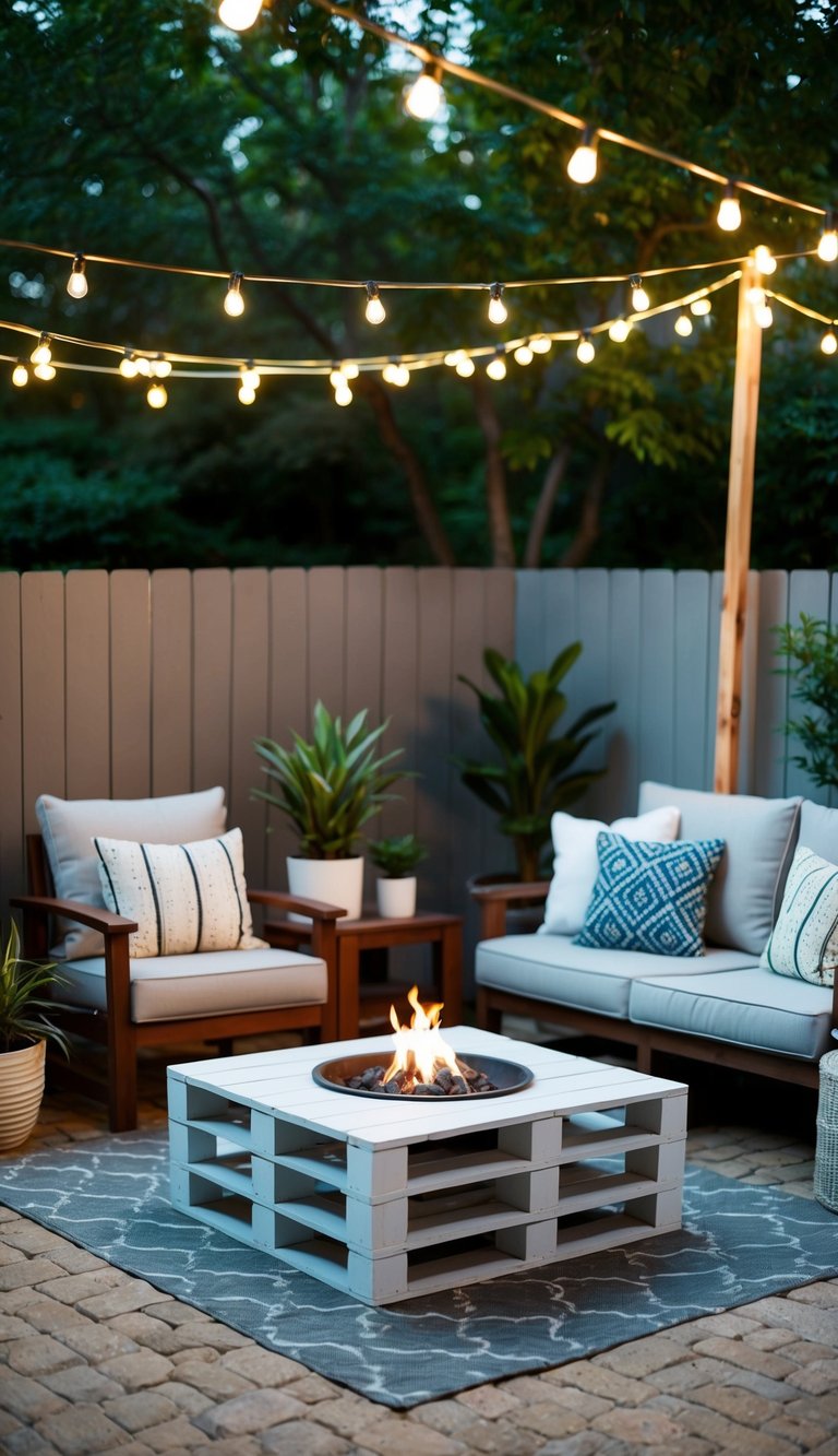 A cozy patio with string lights, potted plants, and comfortable seating. A small fire pit and a DIY pallet coffee table complete the budget-friendly setting