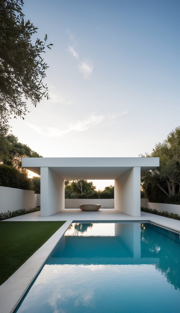 A sleek, modern pavilion with a simple, open-air layout surrounded by a pristine pool and minimalist landscaping