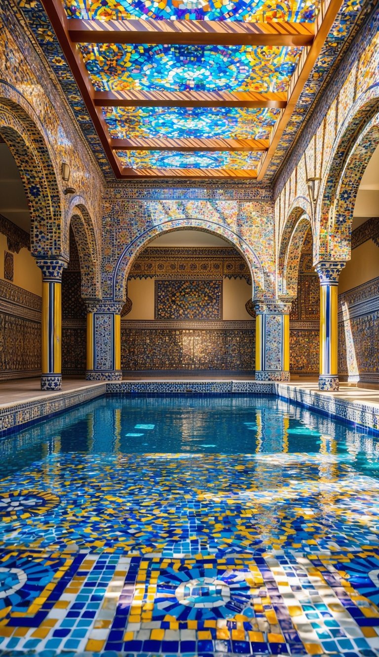 Vibrant mosaic tiles cover the pool pavilion floor and walls in intricate, colorful designs. Sunlight reflects off the shimmering surfaces, creating a dazzling display of patterns and hues