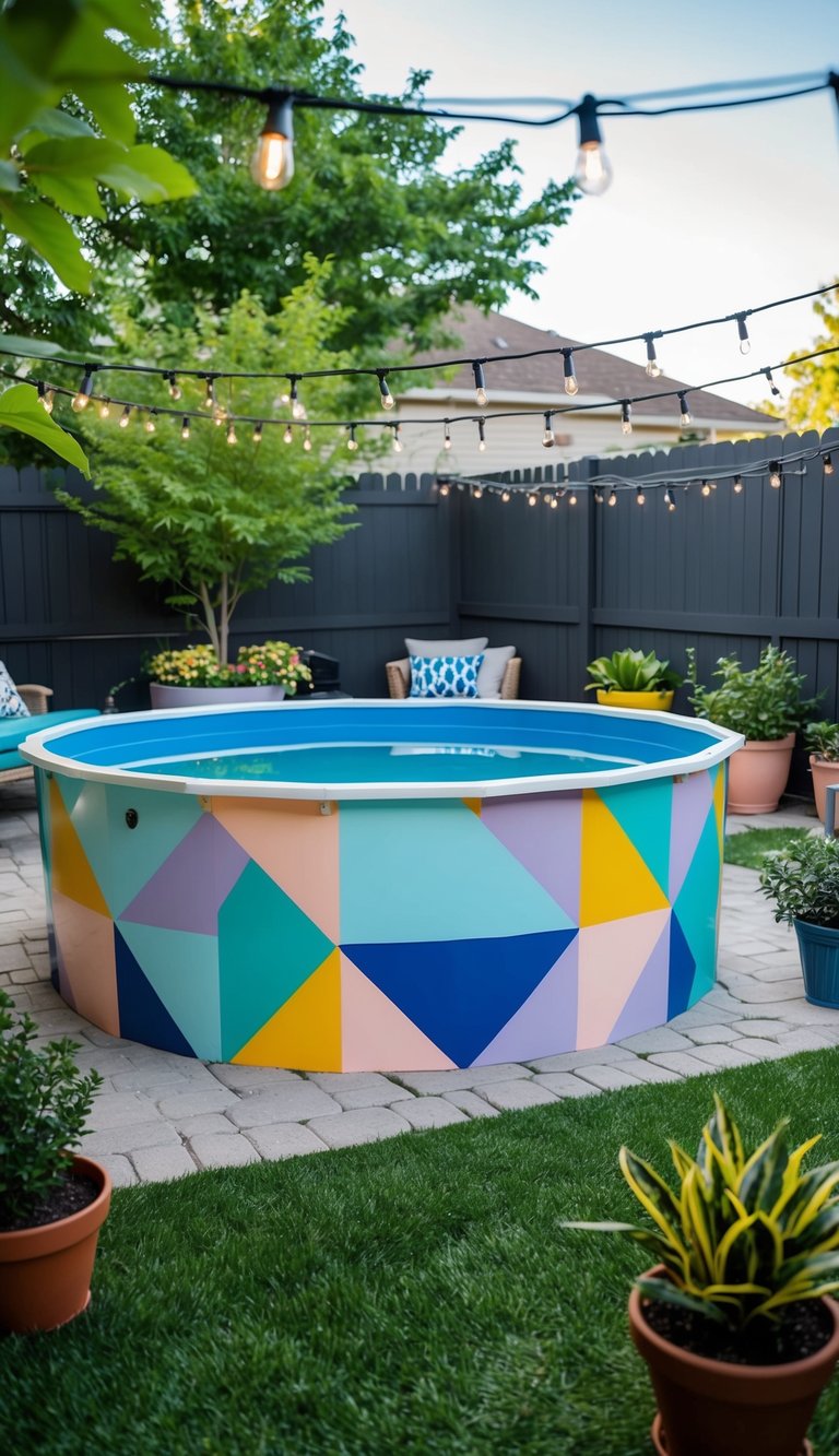 A stock tank pool sits in a backyard, painted with colorful geometric designs. Surrounding it are budget-friendly patio ideas like potted plants and string lights