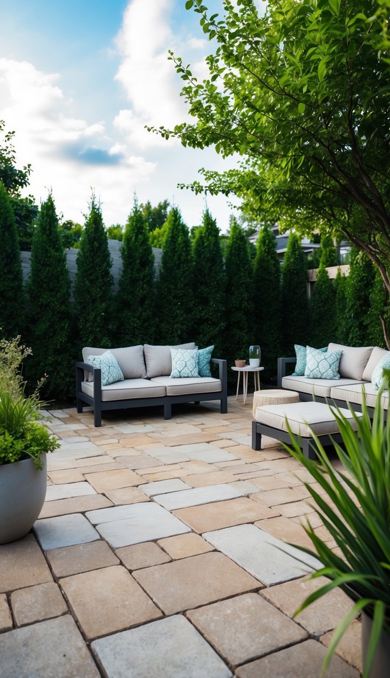 A cozy backyard patio with affordable natural stone or concrete pavers, surrounded by greenery and simple outdoor furniture